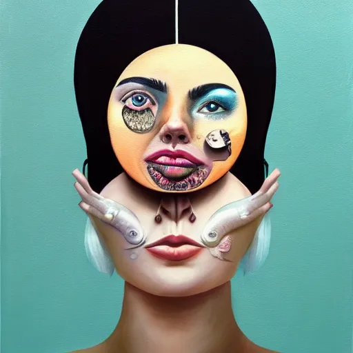 Prompt: a painting of a woman's face with many different things on her face, a surrealist painting, behance contest winner, pop surrealism, surrealist, detailed painting, poster art