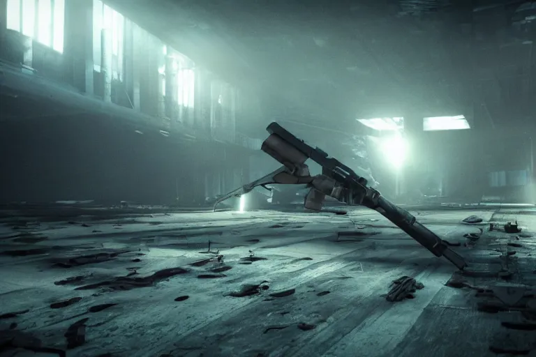 Image similar to Abandoned night hangar, dim blue light, foggy room, Several soldiers, laser sights on weapons, they are killed by a cyber woman, meat, blood, bones, spine, style Blade Runner, cinematic, volumetric light