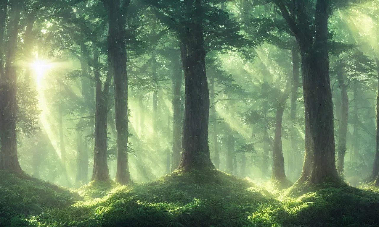 Prompt: Beautiful magical fir forest fabulous trees. Fir Forest landscape, sun rays illuminate the leaves and branches of trees. Magical summer forest, trending on artstation, 50mm, by Noah Bradley