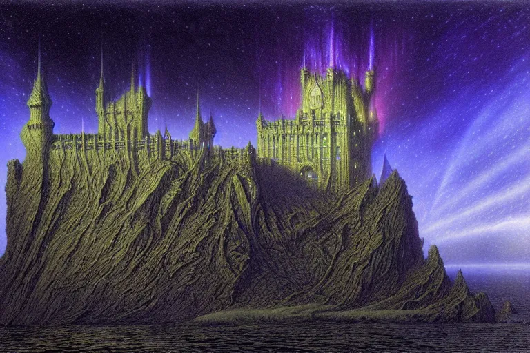 Image similar to highly detailed photoreal eldritch biomechanical castle on a cliff, aurora borealis, psychedelic by alan lee, john howe. ted naismith