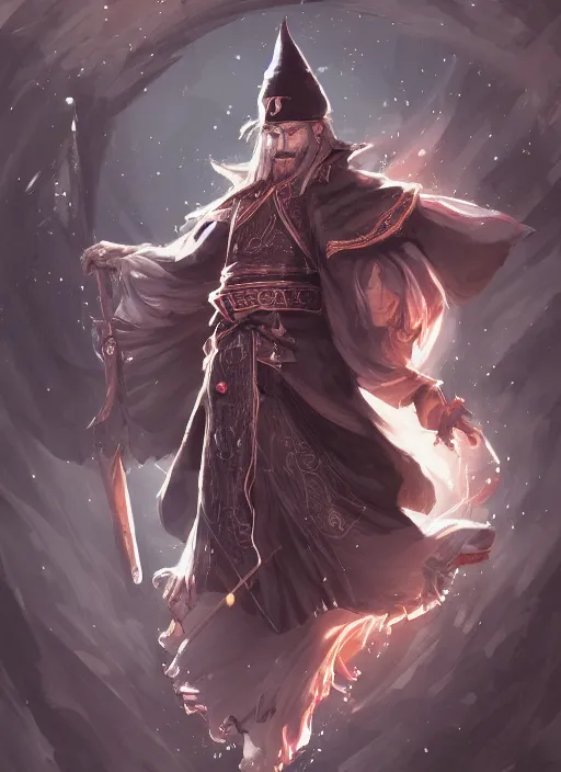 Prompt: a highly detailed illustration of Hiroyuki Sanada as wizard wearing black robe and mage hat, elegant magic floating pose, intricate, elegant, highly detailed, centered, digital painting, artstation, concept art, smooth, sharp focus, league of legends concept art, WLOP