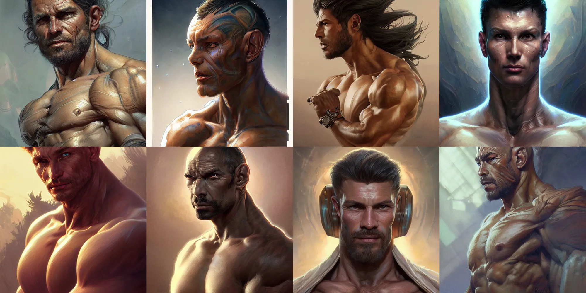 Prompt: portrait of rugged alien, muscular, fantasy, intricate, elegant, highly detailed, digital painting, artstation, concept art, smooth, sharp focus, illustration, art by artgerm and greg rutkowski and alphonse mucha