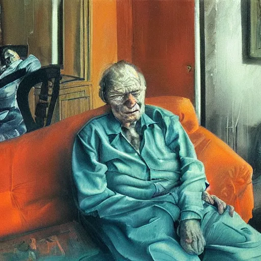 Image similar to high quality high detail painting of a old couple in a soviet living room by lucian freud and zdzislaw beksinski and francis bacon, hd, dark atmosphere, turquoise and orange