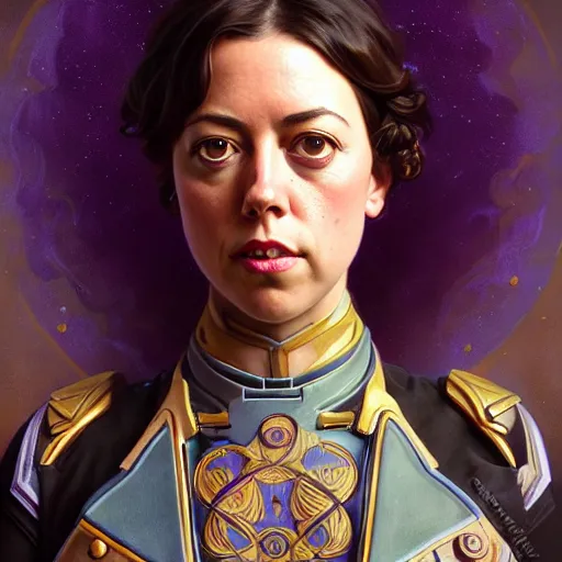 Image similar to full portrait of planetside vanu aubrey plaza, fantasy, d & d, intricate, detailed, by by alphonse mucha, adolfo hohenstein, alice russell glenny, stanley artgerm lau, greg rutkowski, detailed, trending on artstation, trending on artstation, smooth