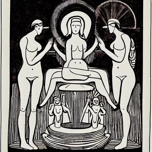 Image similar to digital art, coloring - in sheet by josef albers harrowing. the sculpture shows venus seated on a crescent moon. she is surrounded by the goddesses ceres & bacchus, who are both holding cornucopias.