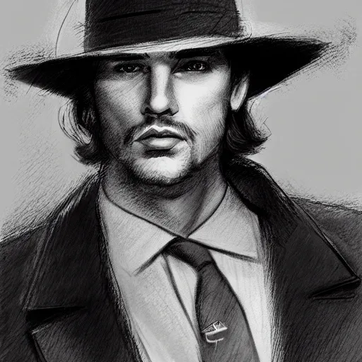 Image similar to portrait of a detective, zoomed in, noir, fedora, tweed coat, confident, handsome, heavy shading, vintage, high quality, by artgerm, artstation, ( ( ( by ilya repin ) ) )