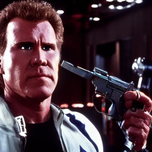 Image similar to will ferrell starring as the terminator, movie still, 8 k