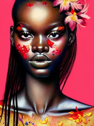 Image similar to portrait of duckie thot with a floral background : : painted by artgerm, karol bak, artur bordalo, sandra chevrier : : portrait, character, illustration, hyperrealism, photorealism