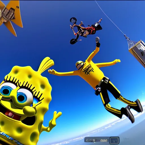 Image similar to SpongeBob skydiving GoPro photo, photograph, hyper detailed, 4k