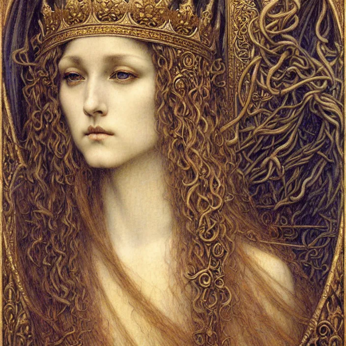 Image similar to detailed realistic beautiful young medieval queen face portrait by jean delville, gustave dore and marco mazzoni, art nouveau, symbolist, visionary, gothic, pre - raphaelite. horizontal symmetry