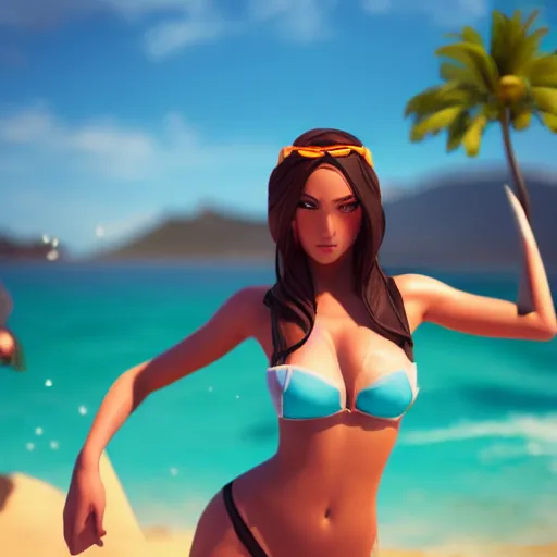 Prompt: beautiful render of pool party Caitlyn (league of legends) looking at the horizon in a hawaii beach, 3d, octane render, realistic, highly detailed, trending on artstation