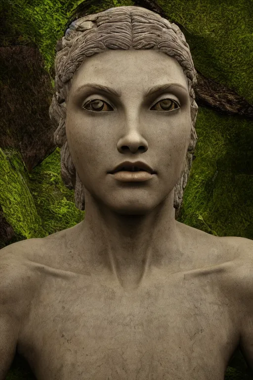 Prompt: giant stone statue of a goddess head, mossy stone, deep jungle, octane render, unreal engine, trending on artstation, ultra detailed, realistic, cinematic lighting, astmopheric, 8 k