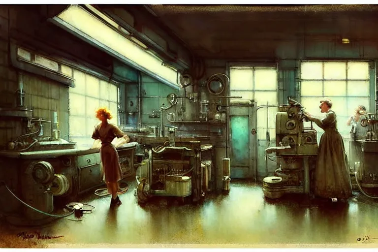 Image similar to ( ( ( ( ( 1 9 5 0 s retro science fiction mechanics shop interior scene. muted colors. ) ) ) ) ) by jean - baptiste monge!!!!!!!!!!!!!!!!!!!!!!!!!!!!!!