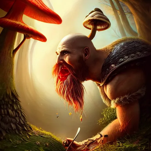 Image similar to Viking eating fly agaric, 4k, artstation, cgsociety, award-winning, masterpiece, stunning, beautiful, glorious, powerful, fantasy art