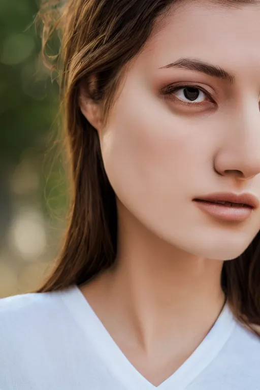 Image similar to 2 4 year old female model, wearing white v - neck top, neck zoomed in, photo realistic, extreme detail skin, no filter, slr, golden hour, 4 k, high definition, ecommerce photograph