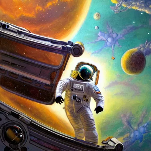 Prompt: realistic detailed view astronaut in space with flower crown by terance james bond, russell chatham, greg olsen, thomas cole, james e reynolds, photorealistic, fairytale, art nouveau, illustration, concept design, storybook layout, story board format