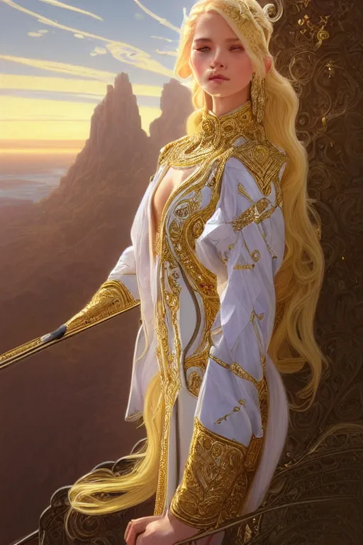 Image similar to portrait of a humanoid princess with long blonde hair, standing next to a beautiful view, ornate white officers outfit with gold embellishments, intricate, elegant, highly detailed, digital painting, artstation, concept art, smooth, sharp focus, illustration, art by artgerm and greg rutkowski and alphonse mucha, 8 k