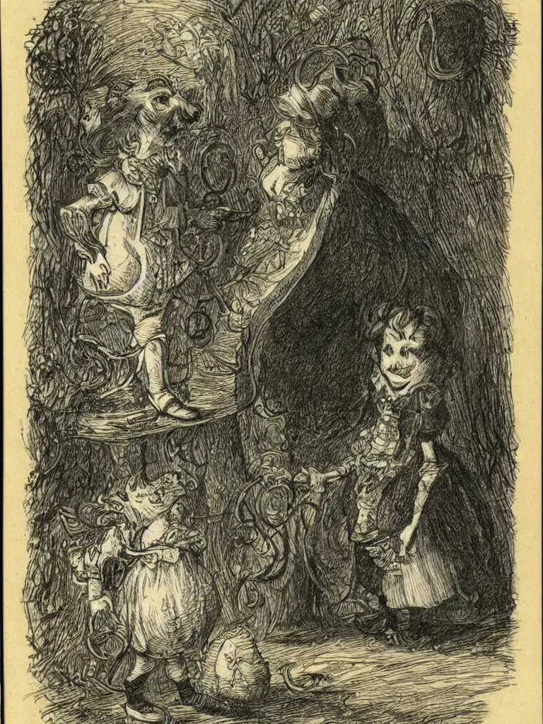 Image similar to Tenniel illustration portrait of Alice, walking in wonderland