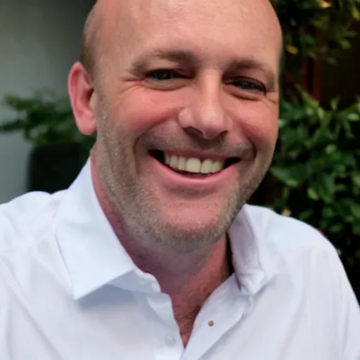 Image similar to color photograph of a balding, middle aged, brown haired, hairy, blue eyed, round faced, short white man dressed in a white shirt, smiling at the camera with perfect, straight white teeth