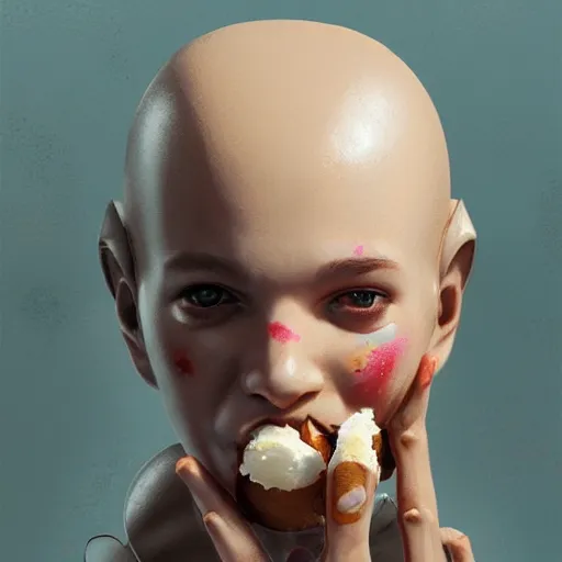 Image similar to a portrait of a pretty humanoid robot eating an icecream, artstation greg rutkowski, cinematic, hyperrealist, digital art