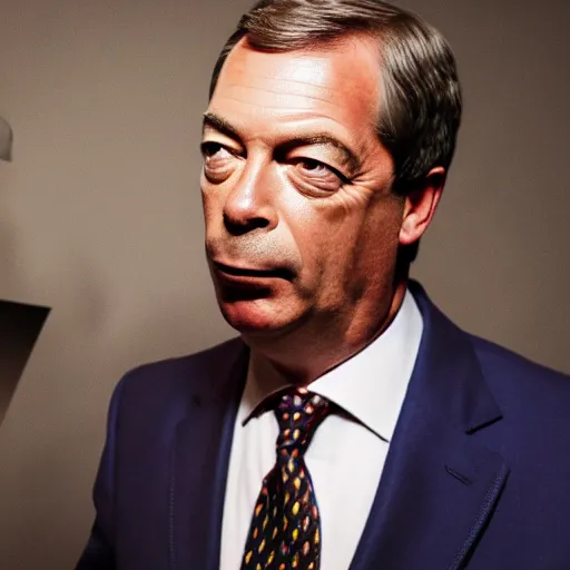 Image similar to nigel farage in skyrim splash art, movie still, cinematic lighting, dramatic, octane render, long lens, shallow depth of field, bokeh, anamorphic lens flare, 8 k, hyper detailed, 3 5 mm film grain