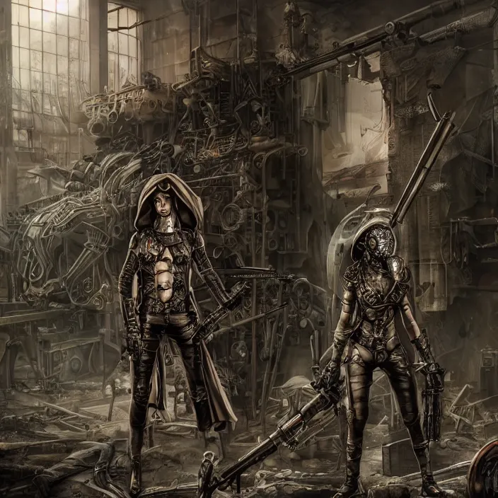 Image similar to apocalyptic woman in hood standing in hall of machinery and weaponry, hyper - detailed, smooth, sharp focus, 4 k ultra hd, fantasy dark art