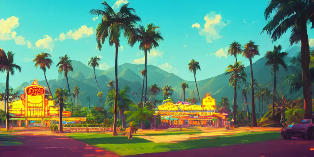 Prompt: a casino on a hill with palmtrees, brightly illuminated by rays of sun, artstation, colorful sylvain sarrailh illustration