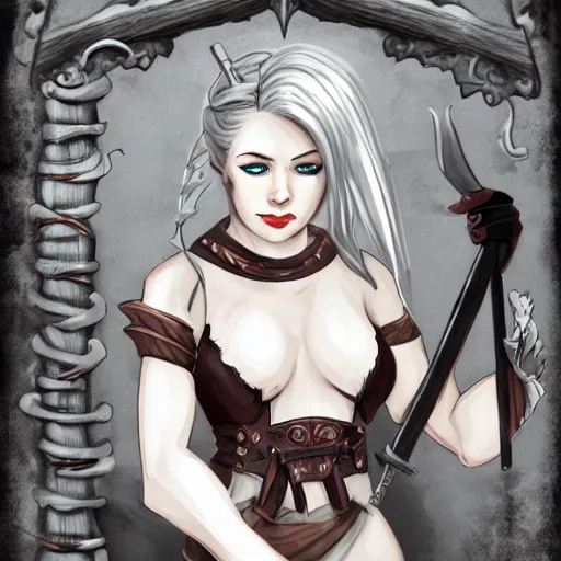 Prompt: A female white dragonborn! (barmaid). Tavern. Fantasy. D&D. Portrait.