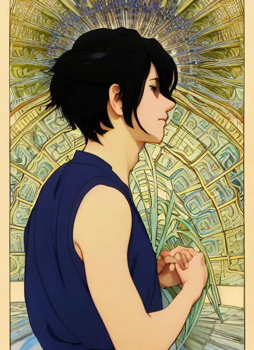 Image similar to handsome young man with short black hair, male, dressed in blue, looking down, half body shot, arms down, path traced, highly detailed, high quality, digital painting, by studio ghibli and alphonse mucha, hidari, art nouveau