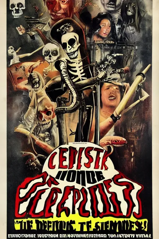 Image similar to vintage movie poster for horror movie, centipedes, skeletons, computers, cyberpunk