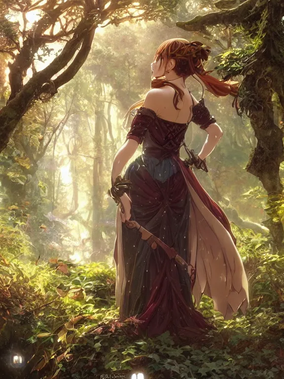 Image similar to anime key visual of amora the enchantress with her back to the camera wearing a medieval gown!! intricate, magical forest, stunning, highly detailed, digital painting, artstation, smooth, hard focus, illustration, art by artgerm and greg rutkowski and alphonse mucha