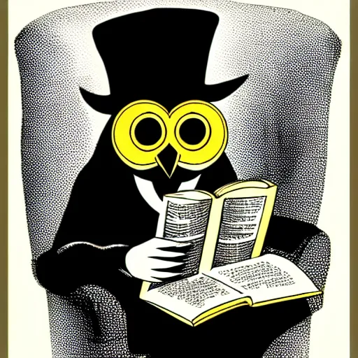 Prompt: an owl wearing a monocle and a top hat, sitting in an armchair and reading a book, portrait, award-winning photo, 4k