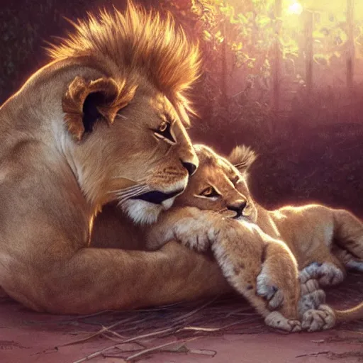 Prompt: adorable lion cubs cuddling with each other, golden hour, elegant, art by artgerm and greg rutkowski and alphonse mucha, 8k UHD