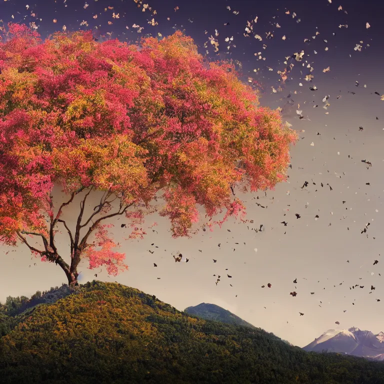 Image similar to a beautiful awesome artistic tree with falling flowers like leaves and many birds, all in the amazing outdoors view, mountain in the background, lake, long exposure, 8 k resolution, trending on artstation