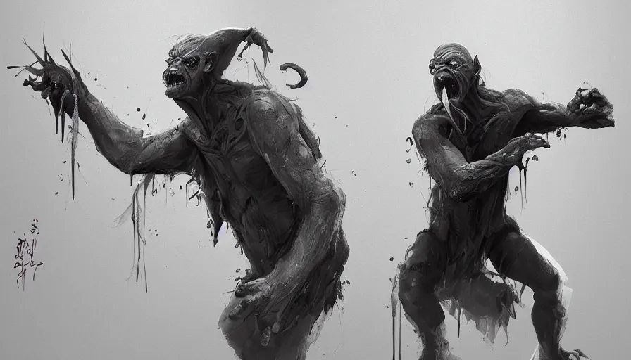 Image similar to concept art by jama jurabaev, cinematic shot, trending on artstation, high quality, brush stroke, gollum dancing like a crazy