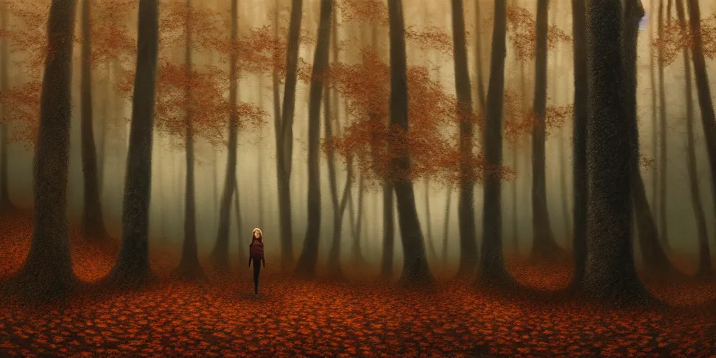 Image similar to a girl in an autumn forest, by Aron Wiesenfeld, wolf, cinematic, detailed illustration, nature, fog, dark colors, suspense, intricate, 8k