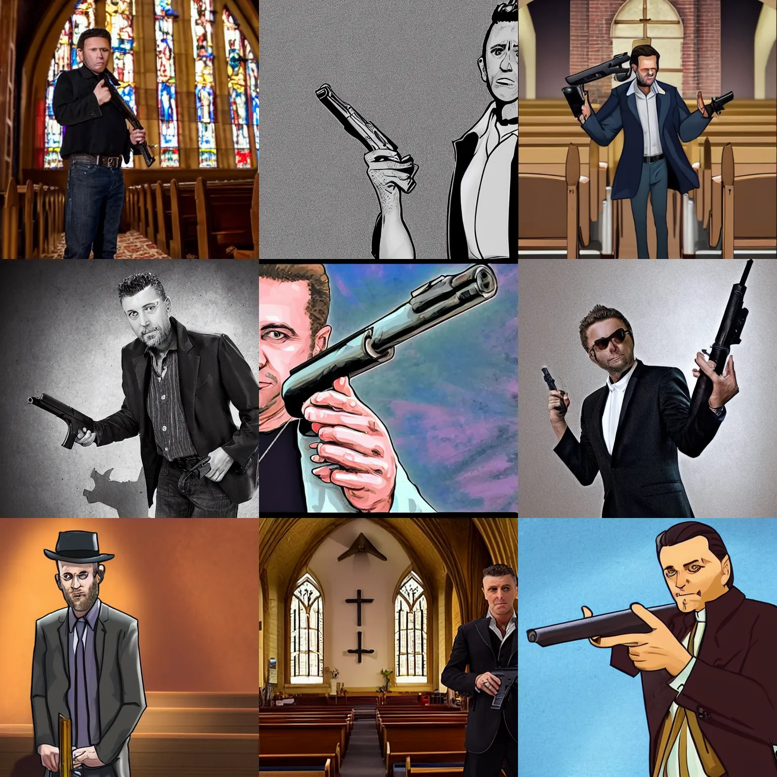 Prompt: billy freeman from righteous gemstones as a preacher, smoking and holding a gun, standing inside of a church