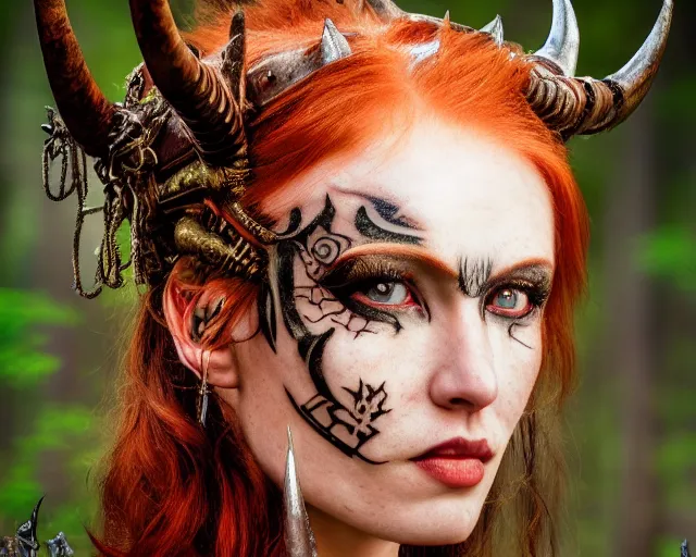 Image similar to 5 5 mm portrait photo of an armored gorgeous anesthetic redhead woman warrior with a face tattoo and horns growing from her head, in a magical forest in the style of stefan kostic, art by luis royo. highly detailed 8 k. intricate. lifelike. soft light. nikon d 8 5 0. cinematic post - processing