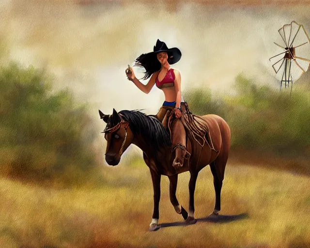 Prompt: a painting of a cowgirl riding her horse with texas wooden windmill in background, in the style of casey baugh and ed binkley, digital art