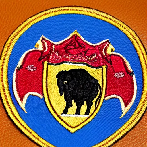 Prompt: closeup photo of a colorful embroidered patch of the coat - of - arms of a buffalo - themed house of hogwarts. the patch is sewn onto a leather school - bag. the name watanka appears on the patch.