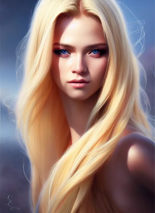 Image similar to a gorgeous female with long blonde hair in the style of stefan kostic, realistic, full body shot, wide angle, sharp focus, 8 k high definition, insanely detailed, intricate, elegant, art by stanley lau and artgerm, floating embers