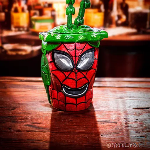 Image similar to a closeup photorealistic photograph of a spider man style tiki mug on a trader vic's bar featuring the face of spider man. tiki theme. bright scene. fine detail. this 4 k hd image is trending on artstation, featured on behance, well - rendered, extra crisp, features intricate detail, epic composition and the style of unreal engine.