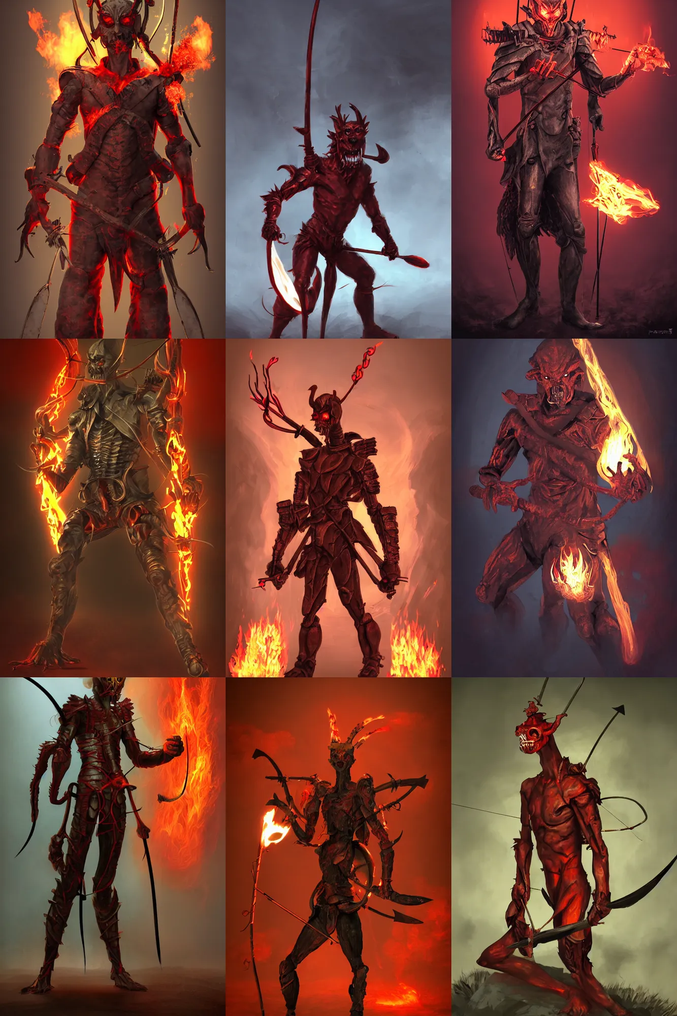 Prompt: character portrait of a humanoid demonic monster archer with fire eyes and a glowing mouth doing a henshin pose, matte painting, dramatic lighting, 8 k, rubber suit, digital painting, concept art, muted colors, red colors, moody colors, rusted walls, broken pipes, church cathedral, in the style of frank frazetta and john singer sargent