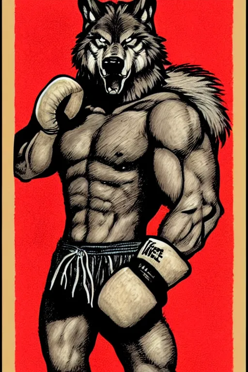 Image similar to extreme long shot. 8 bit nes graphics. antropomorphic muscular masculine wolf. kickboxer fighter, in shorts. wolf head. fine details, art from nes game cartridge, marc simonetti and hermann nitsch