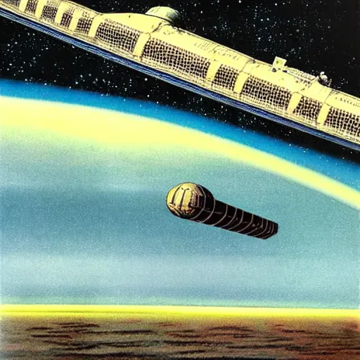 Image similar to distant view of abandoned beautiful space station floating in empty space, angus mckie, terran trade authority