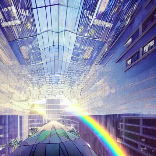 Prompt: intricately patterened modern architecture concept computer world still shining through faintly rainbow led lights, beautiful surreal scenery artwork pixiv. gigantic architectural modern design node network of cloud computing soul dust. unthinkable dream cloud computer infinites. sublime god lighting, sun rays, cold colors. insanely detailed, artstation!! pixiv!! infinitely detailed