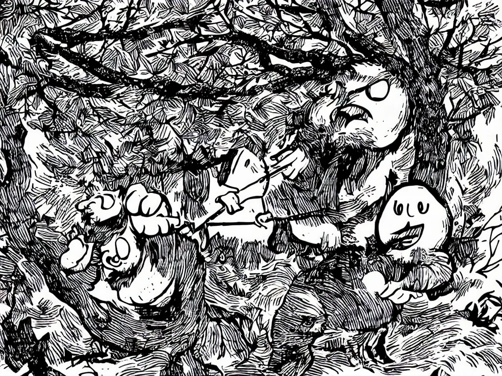 Prompt: illustration by mcbess, black and white inks, silk - print, lumberjack hitting a tree with angry face with a guitar