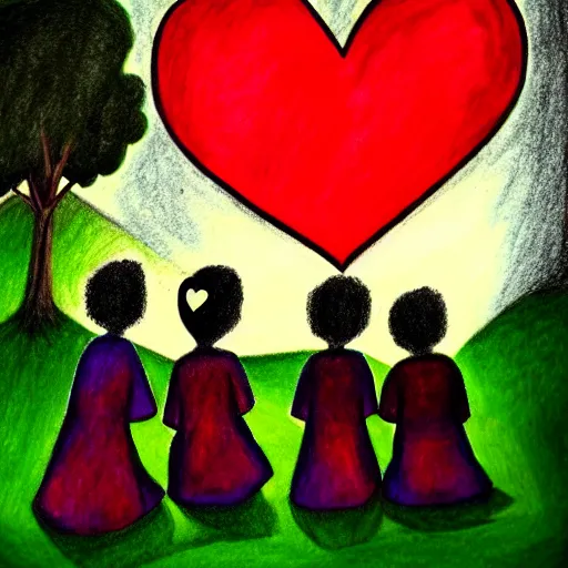 Image similar to teaching, primary school on a hill, hearts, friendship, love, sadness, dark ambiance, concept by godfrey blow, featured on deviantart, drawing, sots art, lyco art, artwork, photoillustration, poster art