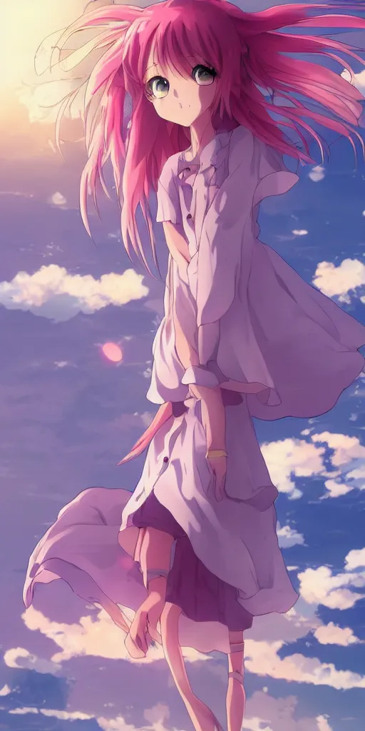 Image similar to anime art, anime key visual of a cute elegant anime girl with pink hair and big eyes, city rooftop at sunset with clouds, golden hour sunset, background blur bokeh!, beautiful lighting, high quality illustration, studio ghibli