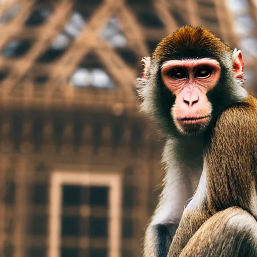 Image similar to high quality portrait of a monkey in front of eiffel tower, studio photograph, photograph, realistic photo, 8k photo, 4k photo, stock photo, high resolution, cinematic shot, high detail